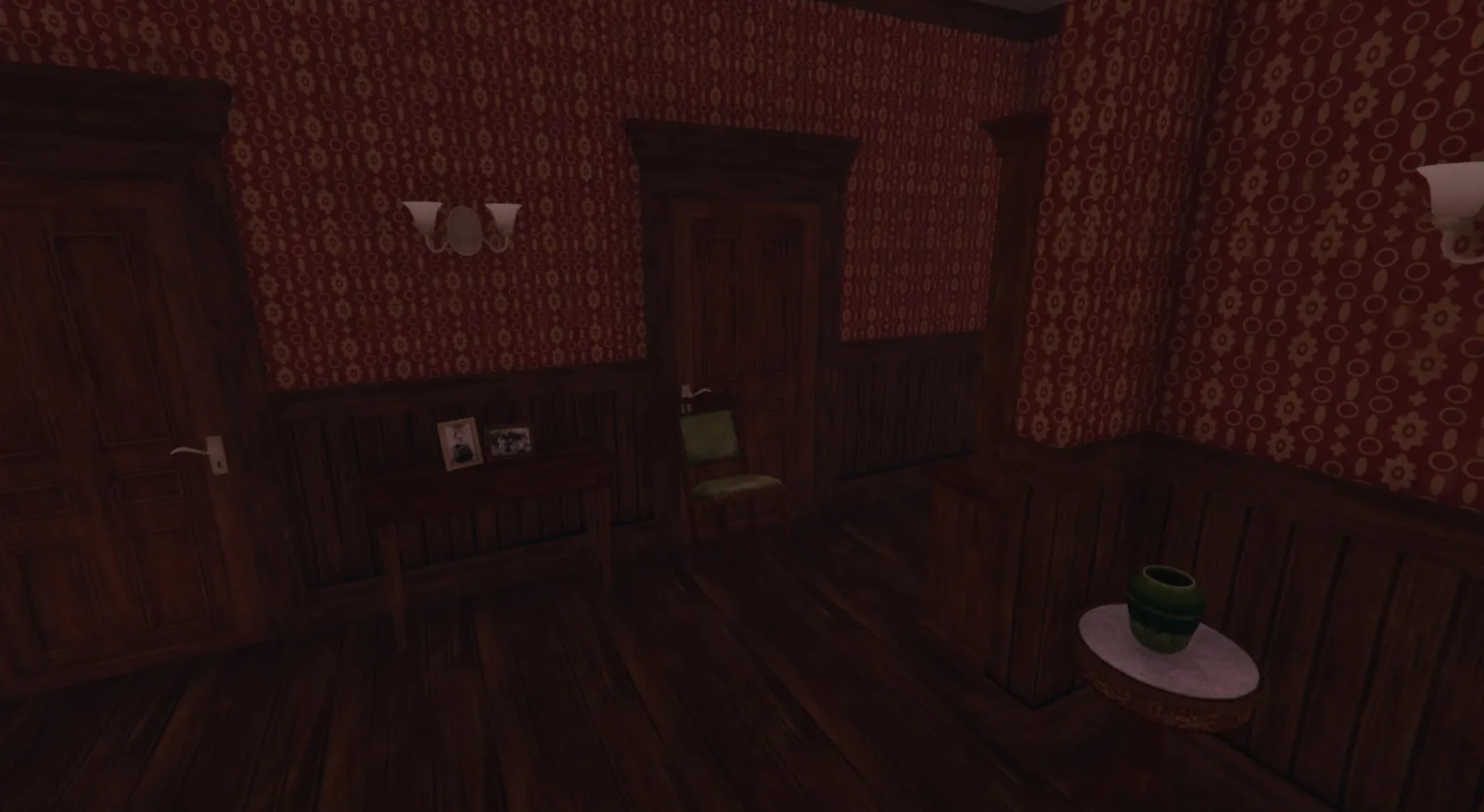 The barricaded door. Something knocks behind it.