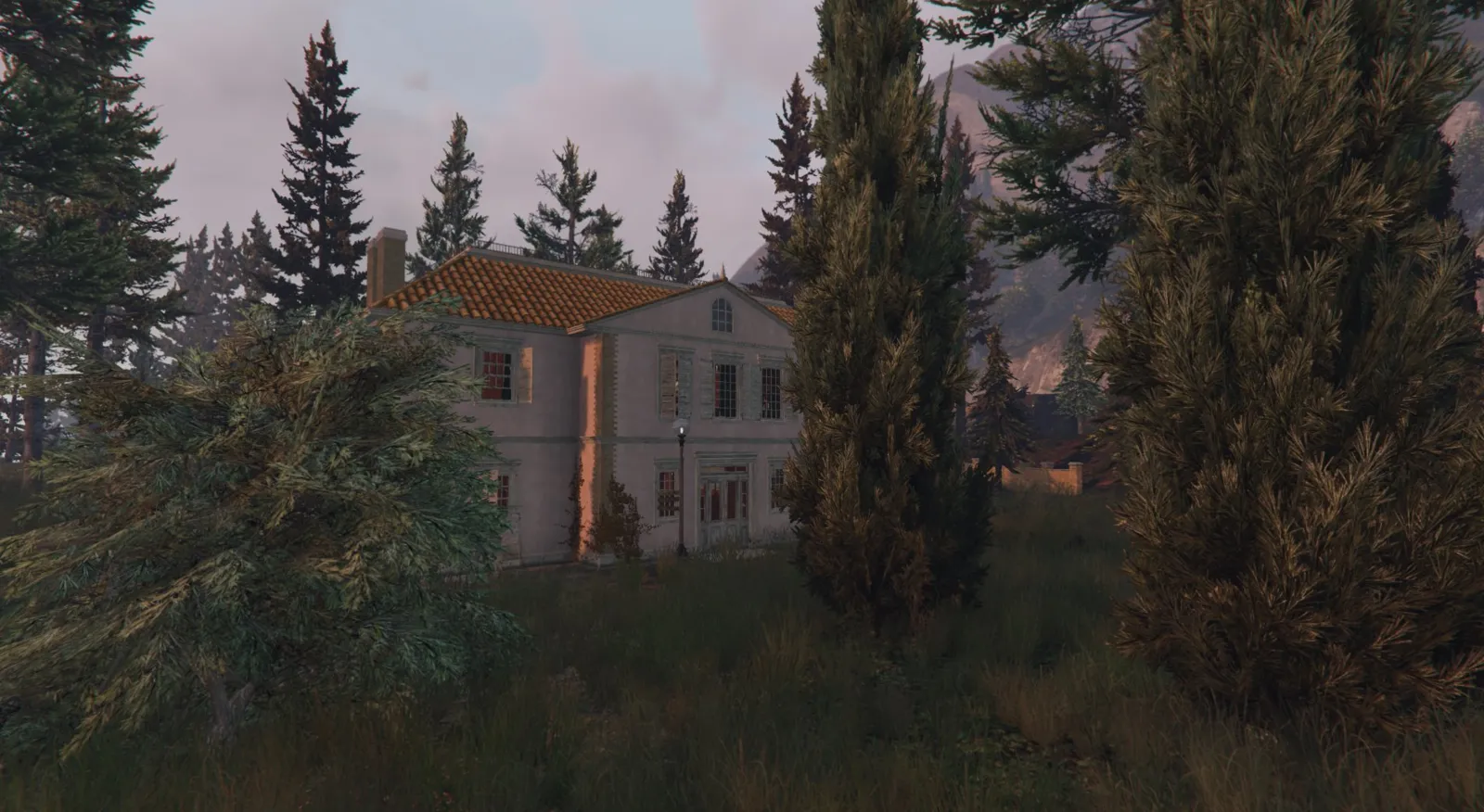 The front of the house at dusk.